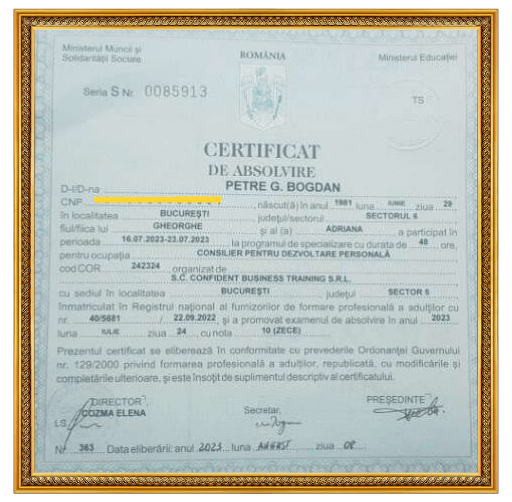 Certificarea lui Bogdan Petre ca și consilier pentru dezvoltare personală