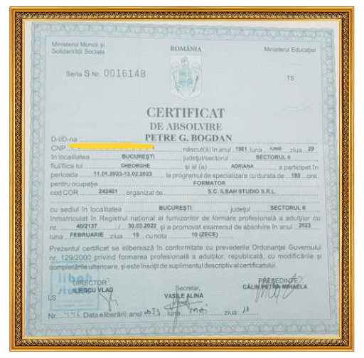 Certificarea lui Bogdan Petre ca și trainer